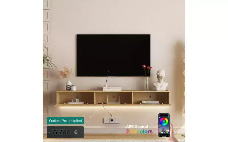 68.8 Meuble TV Flottant Mural avec 16 LED Couleurs, Meuble TV Moderne 69, Meuble TV Flottant, Centre de Divertissement pour TV 55 60 65 Pouces, Bois