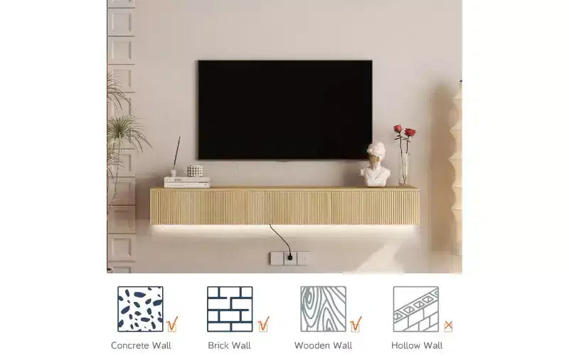 68.8 Meuble TV Flottant Mural avec 16 LED Couleurs, Meuble TV Moderne 69, Meuble TV Flottant, Centre de Divertissement pour TV 55 60 65 Pouces, Bois