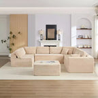 Mjkone Corduroy 141'' Deep Seat Modular Sectional Sofa, Modern 8-Seater U-Shape Sofa Couch with Moveable Ottoman