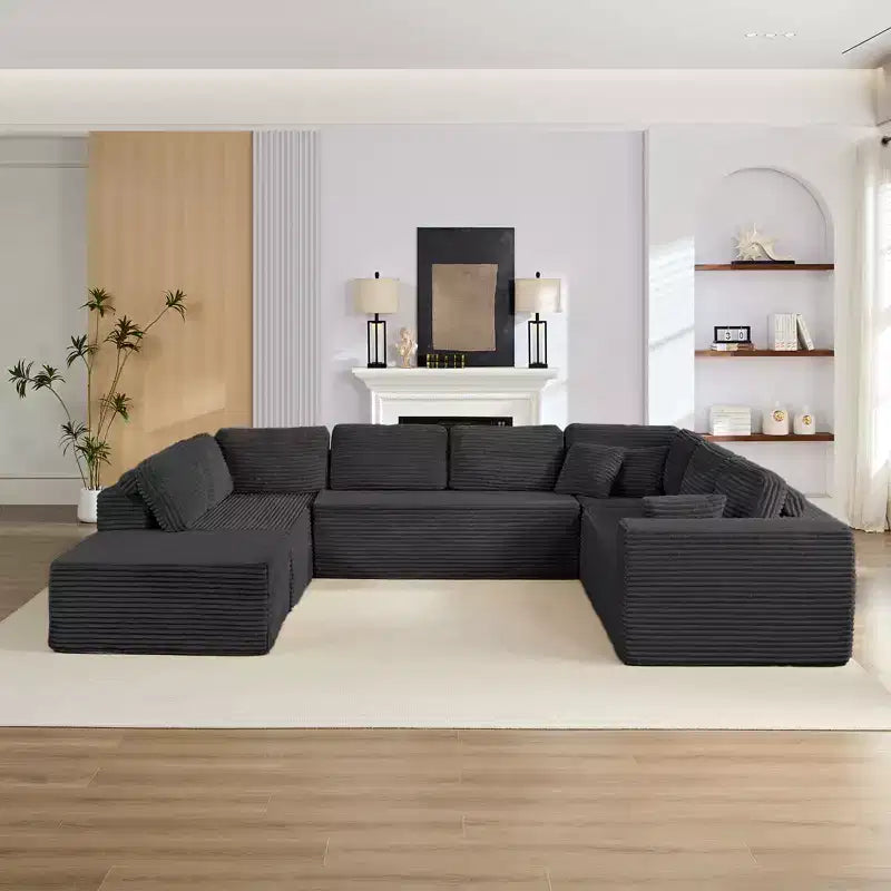 Canapé modulaire en velours côtelé Mjkone 141'' de profondeur, canapé moderne 8 places en forme de U avec pouf mobile