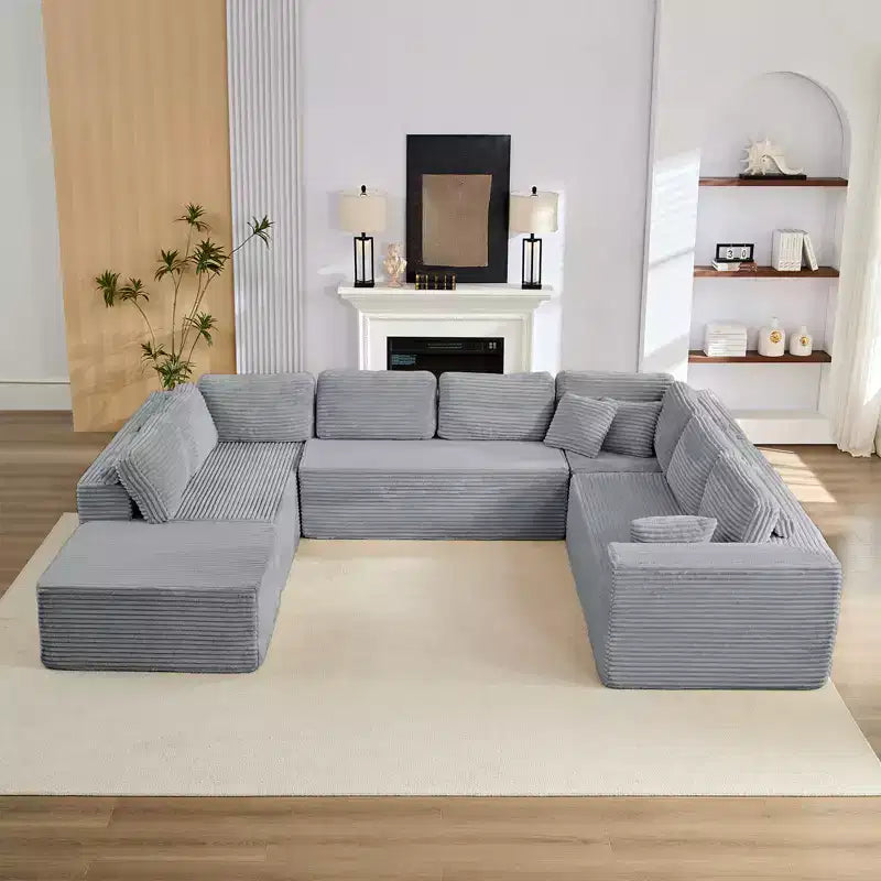 Canapé modulaire en velours côtelé Mjkone 141'' de profondeur, canapé moderne 8 places en forme de U avec pouf mobile