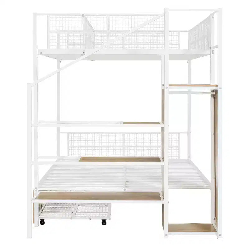 Lit superposé métallique double sur grand format avec escalier de rangement, cadre de lit en acier robuste avec étagères et armoire ouverte pour adolescents et adultes