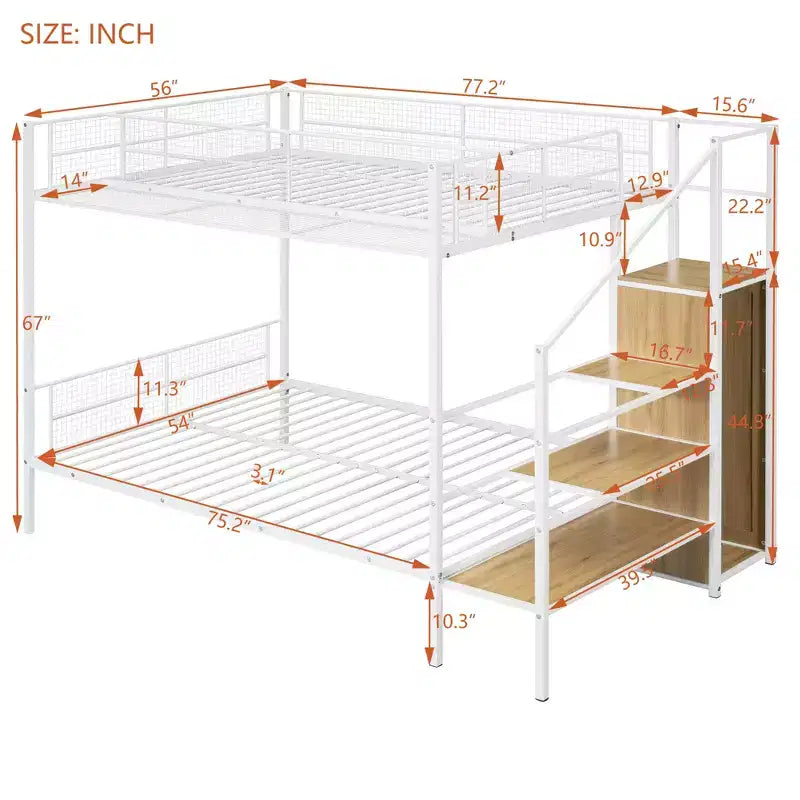 Lit superposé métallique double sur grand format avec escalier de rangement, cadre de lit en acier robuste avec étagères et armoire ouverte pour adolescents et adultes