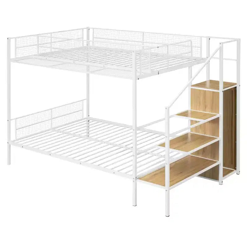 Lit superposé métallique double sur grand format avec escalier de rangement, cadre de lit en acier robuste avec étagères et armoire ouverte pour adolescents et adultes