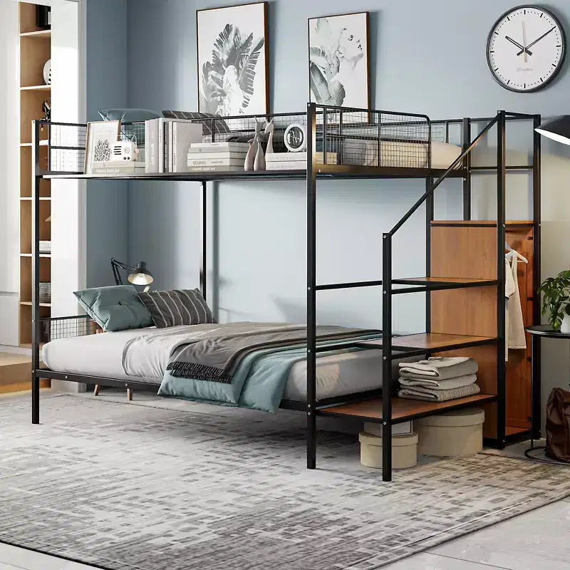 Lit superposé métallique double sur grand format avec escalier de rangement, cadre de lit en acier robuste avec étagères et armoire ouverte pour adolescents et adultes