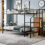 Lit superposé métallique double sur grand format avec escalier de rangement, cadre de lit en acier robuste avec étagères et armoire ouverte pour adolescents et adultes