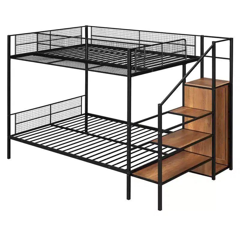 Lit superposé métallique double sur grand format avec escalier de rangement, cadre de lit en acier robuste avec étagères et armoire ouverte pour adolescents et adultes