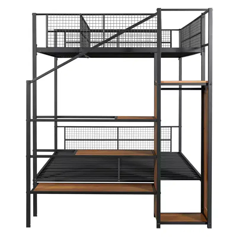 Lit superposé métallique double sur grand format avec escalier de rangement, cadre de lit en acier robuste avec étagères et armoire ouverte pour adolescents et adultes