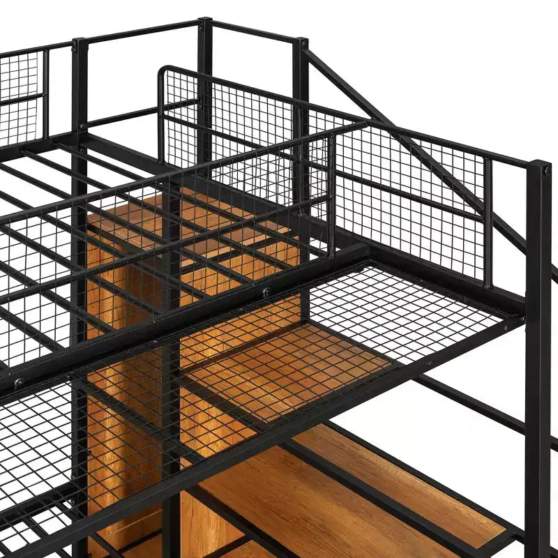 Lit superposé métallique double sur grand format avec escalier de rangement, cadre de lit en acier robuste avec étagères et armoire ouverte pour adolescents et adultes