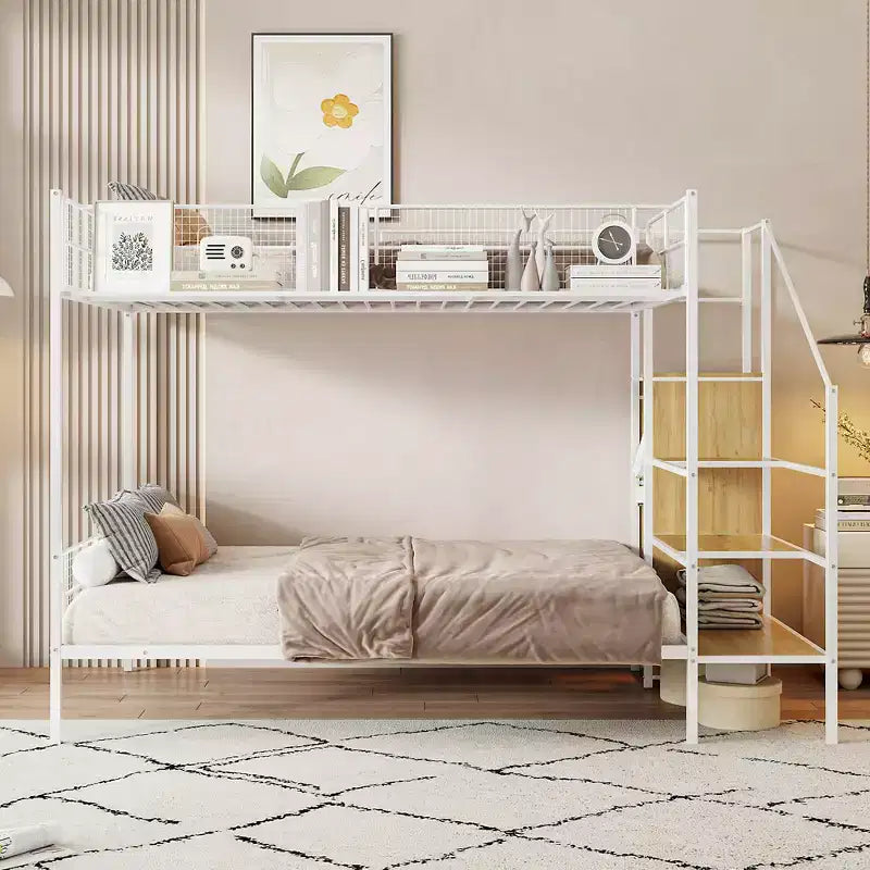 Lit superposé métallique double sur grand format avec escalier de rangement, cadre de lit en acier robuste avec étagères et armoire ouverte pour adolescents et adultes