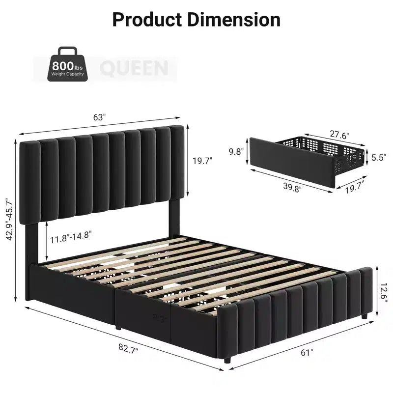 Cadre de lit King Size avec rembourrage, sommier tapissier avec tiroirs de rangement, tête de lit réglable en hauteur, facile à assembler