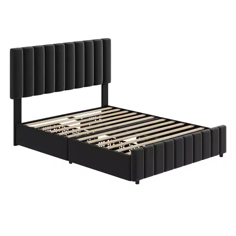 Cadre de lit King Size avec rembourrage, sommier tapissier avec tiroirs de rangement, tête de lit réglable en hauteur, facile à assembler