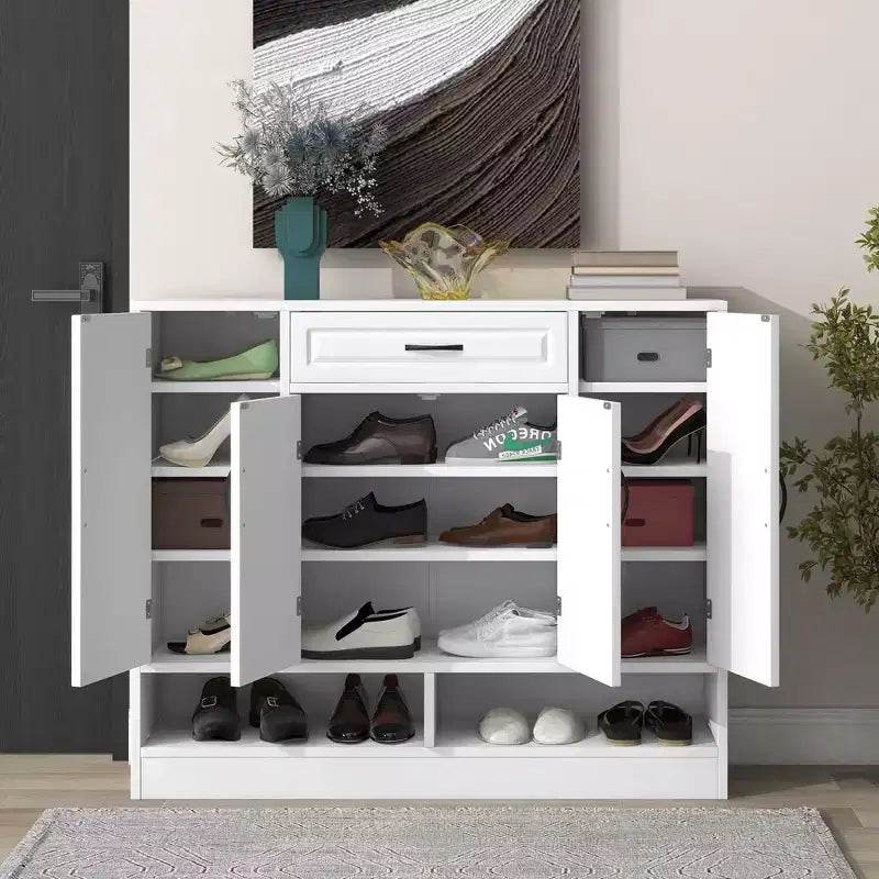 Meuble à chaussures Okak, Meuble de rangement avec 4 portes, 1 tiroir et étagères réglables, Meuble d'entrée pour Entrée, Salon