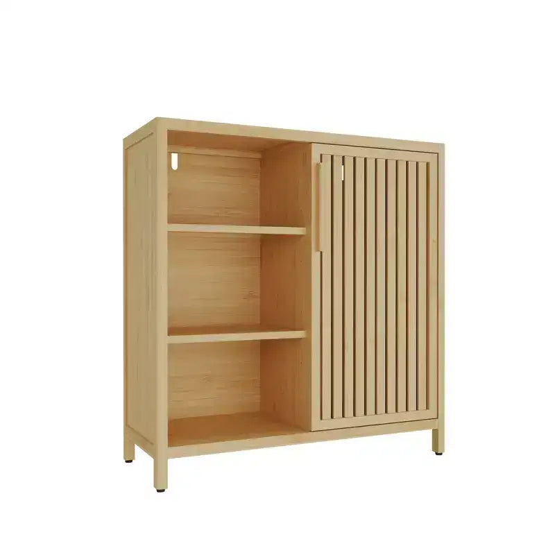 Meuble à chaussures étroit en bambou Okak avec 2 portes et 3 étagères, rangement pour chaussures pour entrée, foyer, couloir, chambre à coucher