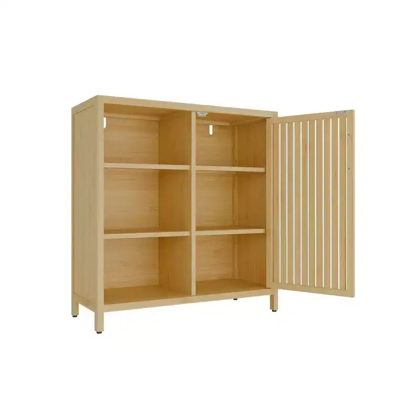 Meuble à chaussures étroit en bambou Okak avec 2 portes et 3 étagères, rangement pour chaussures pour entrée, foyer, couloir, chambre à coucher