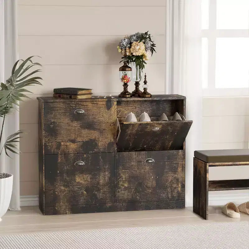 Meuble à chaussures Okak, porte-chaussures étroit avec 4 tiroirs et poignée métallique, rangement à chaussures pour entrée, foyer, couloir, chambre à coucher