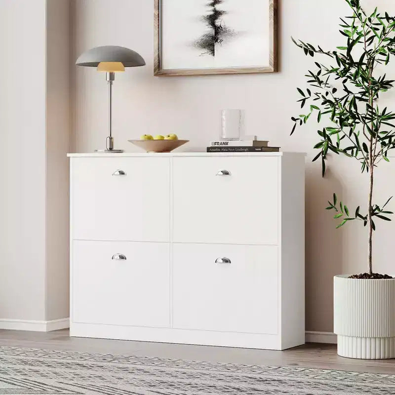Meuble à chaussures Okak, porte-chaussures étroit avec 4 tiroirs et poignée métallique, rangement à chaussures pour entrée, foyer, couloir, chambre à coucher