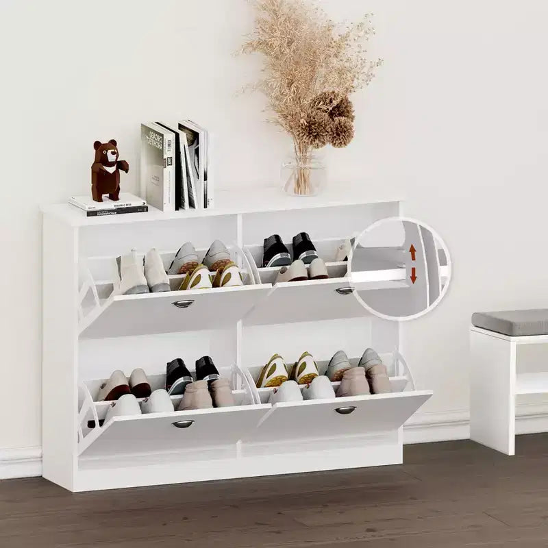 Meuble à chaussures Okak, porte-chaussures étroit avec 4 tiroirs et poignée métallique, rangement à chaussures pour entrée, foyer, couloir, chambre à coucher