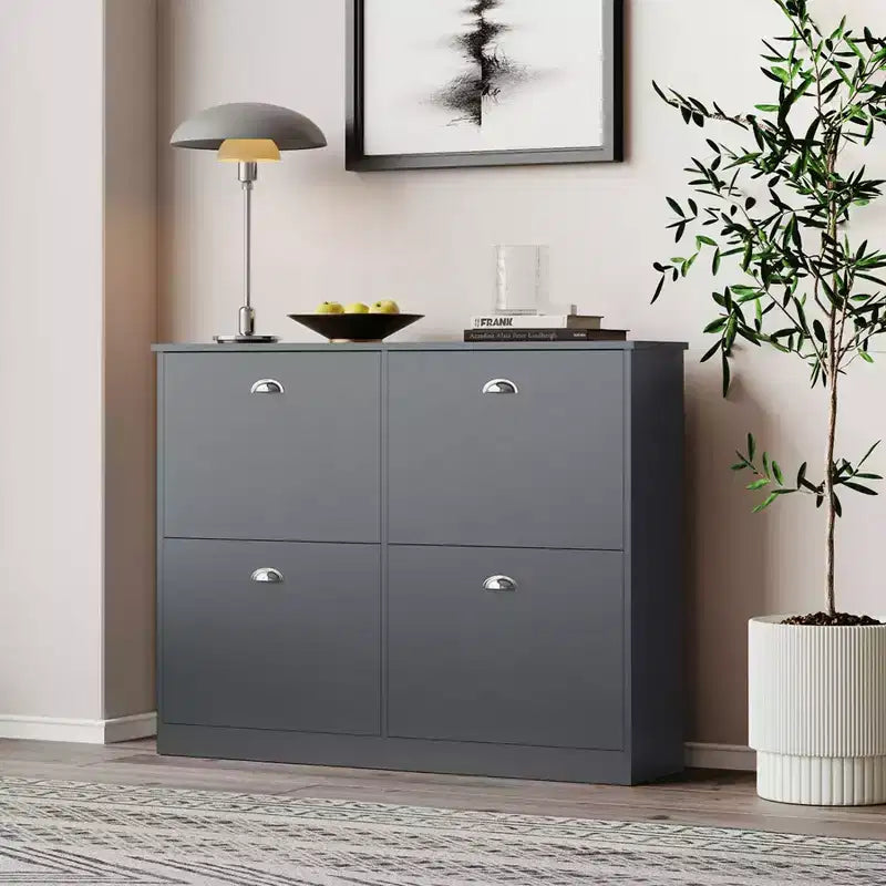 Meuble à chaussures Okak, porte-chaussures étroit avec 4 tiroirs et poignée métallique, rangement à chaussures pour entrée, foyer, couloir, chambre à coucher