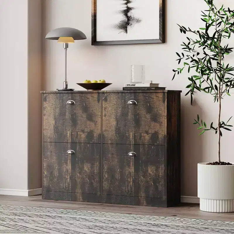 Meuble à chaussures Okak, porte-chaussures étroit avec 4 tiroirs et poignée métallique, rangement à chaussures pour entrée, foyer, couloir, chambre à coucher