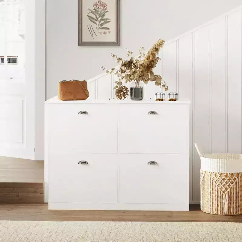 Okak Shoe Cabinet, Narrow Shoe Rack with 4 Drawers and Metal Handle, Shoe Storage for Entryway, Foyer, Hallway, Bedroom