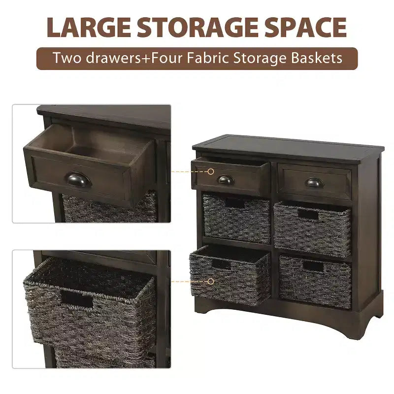 GDFStudio Elsie Meuble de rangement en bois massif avec tiroirs et paniers en rotin