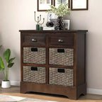 GDFStudio Elsie Meuble de rangement en bois massif avec tiroirs et paniers en rotin