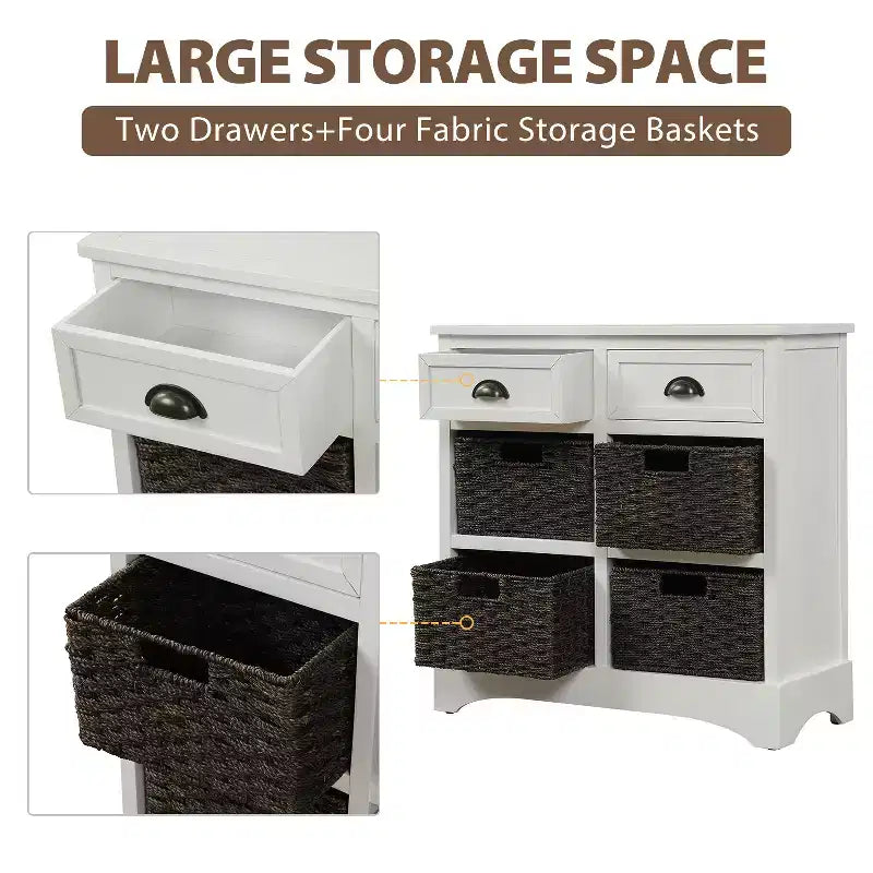GDFStudio Elsie Meuble de rangement en bois massif avec tiroirs et paniers en rotin