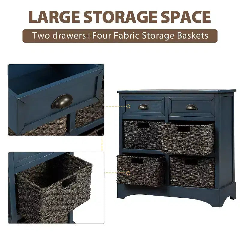 GDFStudio Elsie Meuble de rangement en bois massif avec tiroirs et paniers en rotin