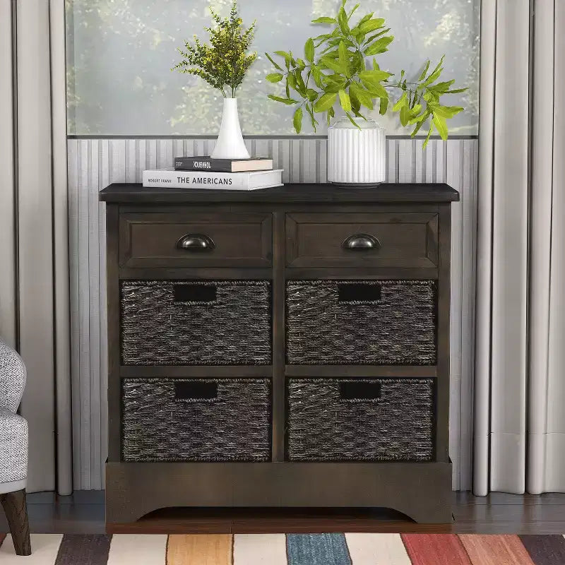 GDFStudio Elsie Meuble de rangement en bois massif avec tiroirs et paniers en rotin
