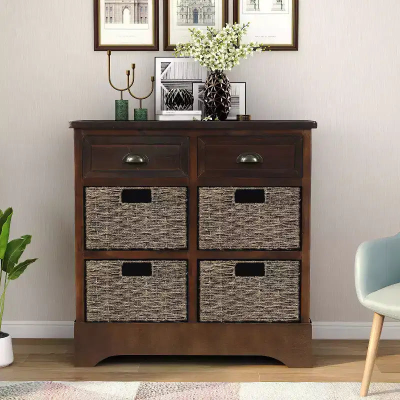 GDFStudio Elsie Meuble de rangement en bois massif avec tiroirs et paniers en rotin