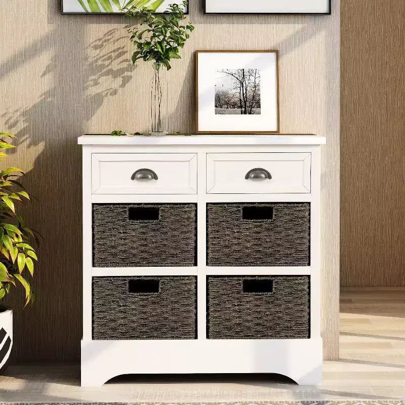 GDFStudio Elsie Meuble de rangement en bois massif avec tiroirs et paniers en rotin
