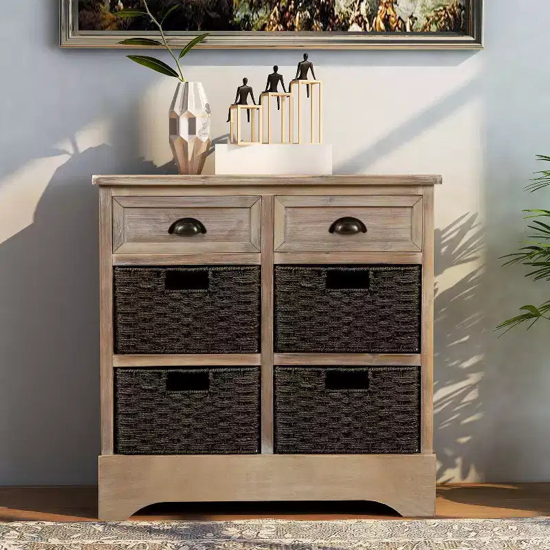 GDFStudio Elsie Meuble de rangement en bois massif avec tiroirs et paniers en rotin