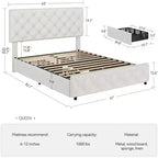 Cadre de lit Queen Size avec 4 tiroirs de rangement, tête de lit réglable, plateforme rembourrée en similicuir, capitonné de losanges, sans sommier à ressorts, blanc