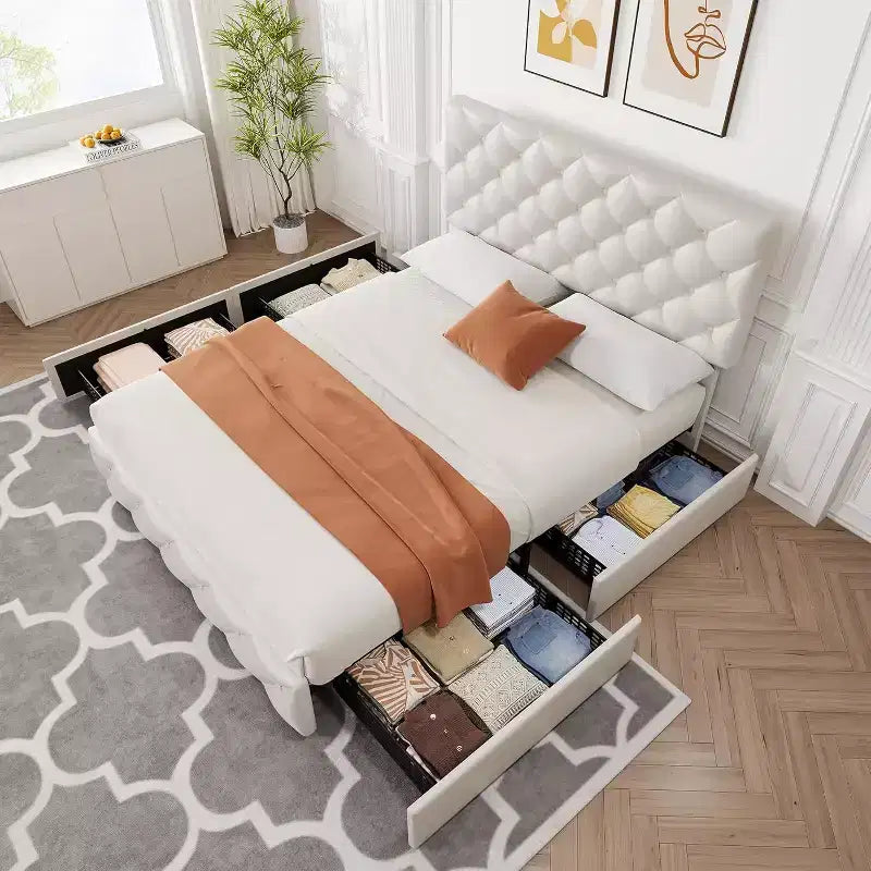 Cadre de lit Queen Size avec 4 tiroirs de rangement, tête de lit réglable, plateforme rembourrée en similicuir, capitonné de losanges, sans sommier à ressorts, blanc