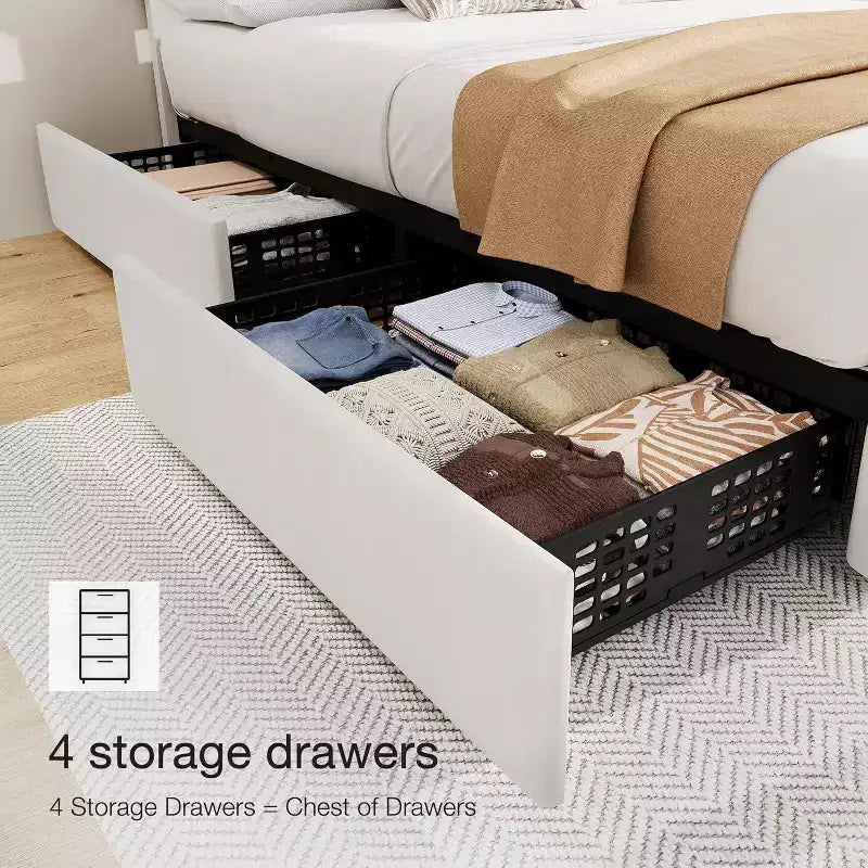 Cadre de lit Queen Size avec 4 tiroirs de rangement, tête de lit réglable, plateforme rembourrée en similicuir, capitonné de losanges, sans sommier à ressorts, blanc