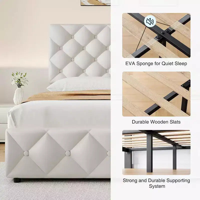 Cadre de lit Queen Size avec 4 tiroirs de rangement, tête de lit réglable, plateforme rembourrée en similicuir, capitonné de losanges, sans sommier à ressorts, blanc