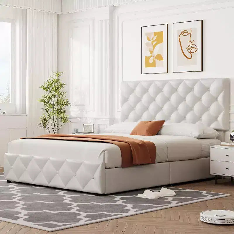 Cadre de lit Queen Size avec 4 tiroirs de rangement, tête de lit réglable, plateforme rembourrée en similicuir, capitonné de losanges, sans sommier à ressorts, blanc