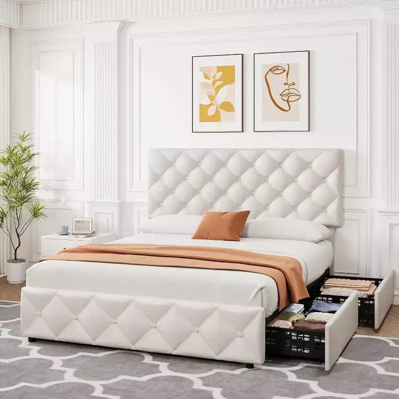 Cadre de lit Queen Size avec 4 tiroirs de rangement, tête de lit réglable, plateforme rembourrée en similicuir, capitonné de losanges, sans sommier à ressorts, blanc
