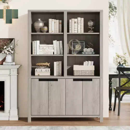 Bibliothèque haute de 179,5 cm avec portes et étagère réglable, bibliothèque double de 5 niveaux avec armoire et double rangement, étagère en bois style ferme