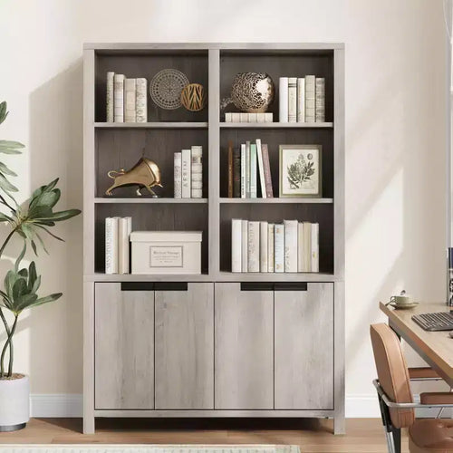 70.7 Tall Bookshelf w/Doors & Adjustable Shelf, 5-Tier Double Wide Bookcase with Cabinet and Double Storage, Wooden Book Shelf Farmhouse Bookcase