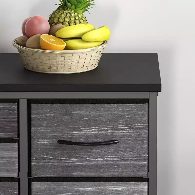 Meuble TV long de 55'' avec prise électrique, centre de divertissement, unité de rangement avec tiroirs en tissu pour chambre à coucher, commode large avec 10 grands tiroirs