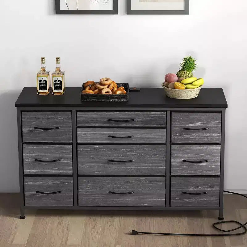Meuble TV long de 55'' avec prise électrique, centre de divertissement, unité de rangement avec tiroirs en tissu pour chambre à coucher, commode large avec 10 grands tiroirs