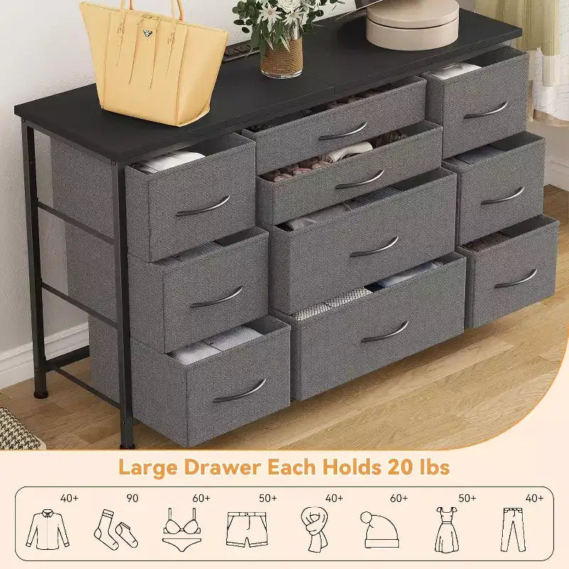 Meuble TV long de 55'' avec prise électrique, centre de divertissement, unité de rangement avec tiroirs en tissu pour chambre à coucher, commode large avec 10 grands tiroirs