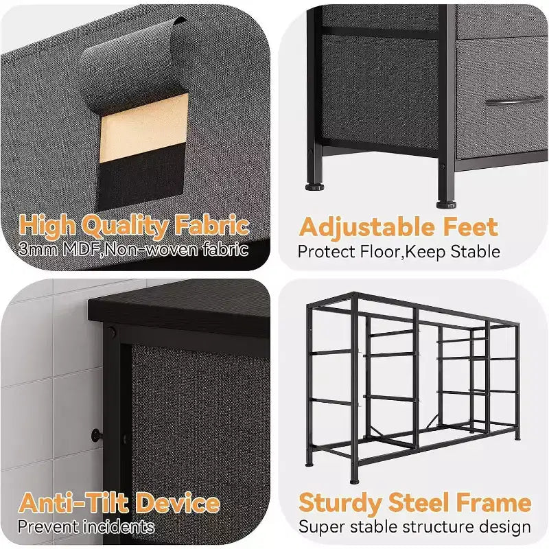 Meuble TV long de 55'' avec prise électrique, centre de divertissement, unité de rangement avec tiroirs en tissu pour chambre à coucher, commode large avec 10 grands tiroirs