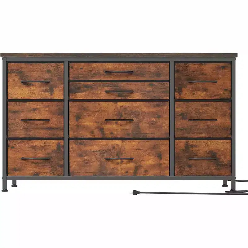 Meuble TV long de 55'' avec prise électrique, centre de divertissement, unité de rangement avec tiroirs en tissu pour chambre à coucher, commode large avec 10 grands tiroirs