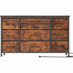 Meuble TV long de 55'' avec prise électrique, centre de divertissement, unité de rangement avec tiroirs en tissu pour chambre à coucher, commode large avec 10 grands tiroirs