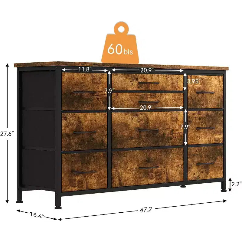 Meuble TV long de 55'' avec prise électrique, centre de divertissement, unité de rangement avec tiroirs en tissu pour chambre à coucher, commode large avec 10 grands tiroirs