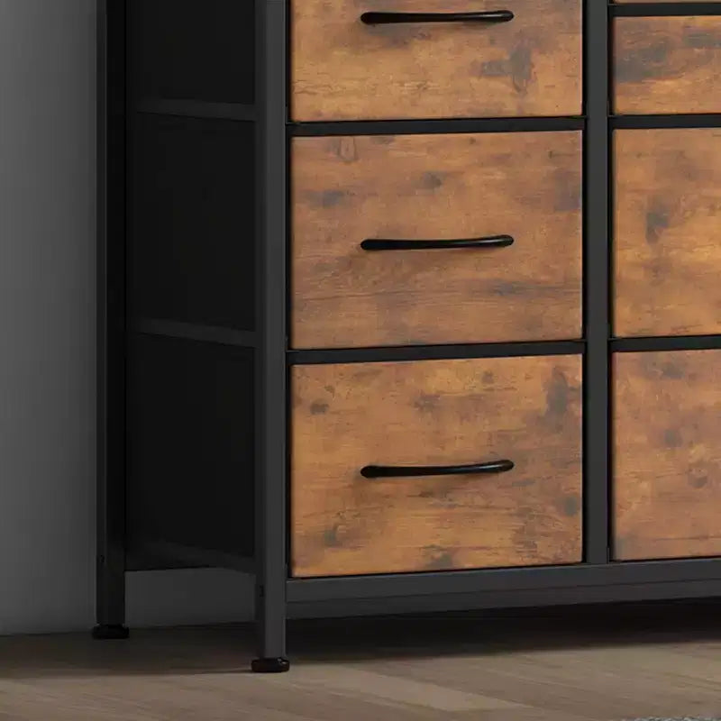 Meuble TV long de 55'' avec prise électrique, centre de divertissement, unité de rangement avec tiroirs en tissu pour chambre à coucher, commode large avec 10 grands tiroirs