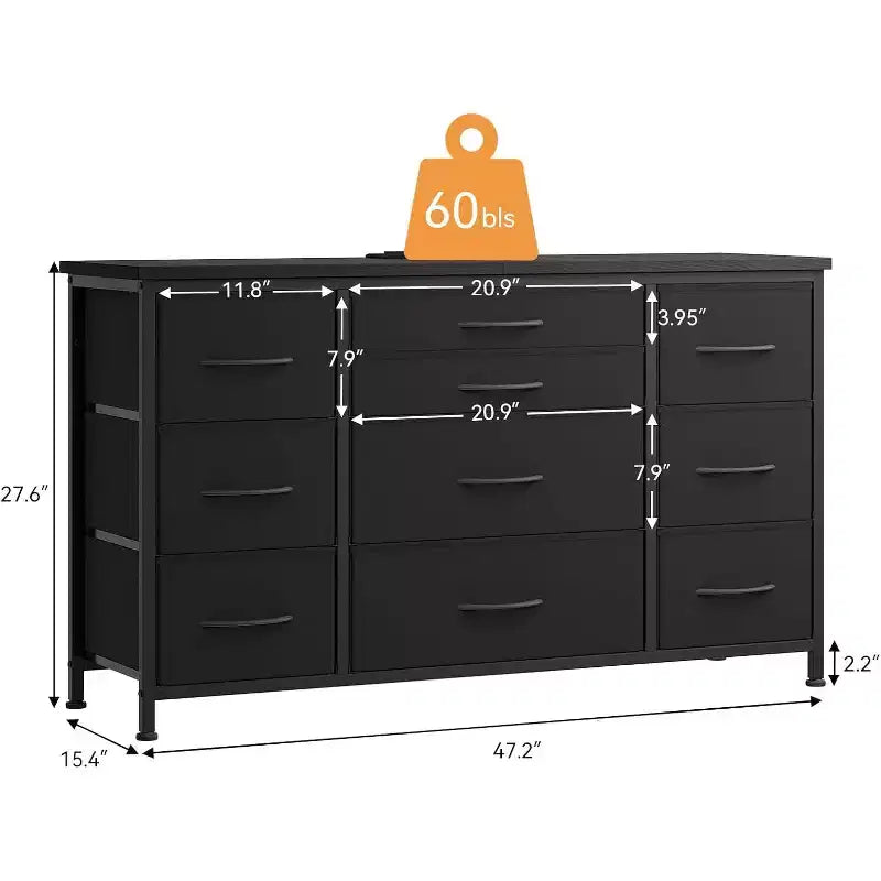 Meuble TV long de 55'' avec prise électrique, centre de divertissement, unité de rangement avec tiroirs en tissu pour chambre à coucher, commode large avec 10 grands tiroirs